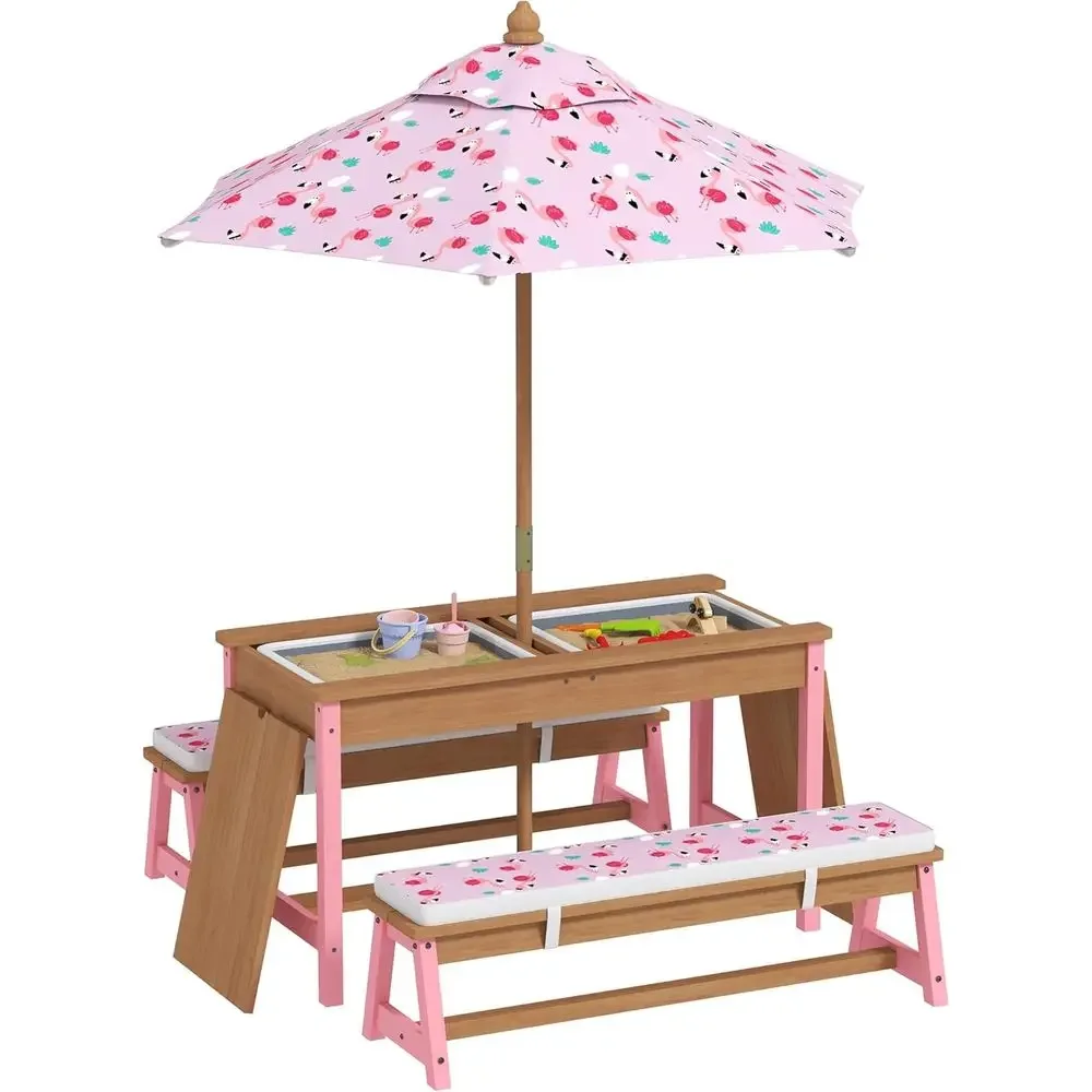 Kids Outdoor Wooden Table - Wooden Picnic Table Set with Umbrella,