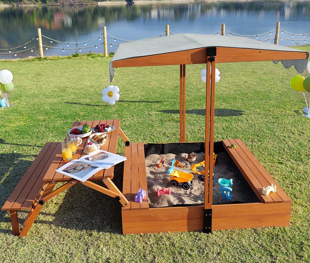 Kids Outdoor Wooden Table - FunXplore Wooden Kids Sandbox with Lid